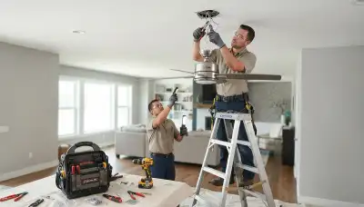 Electrician installing a ceiling fan in an older Seattle, WA home