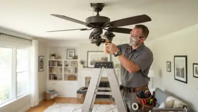 Seattle, WA electrician providing professional ceiling fan repair service in a residential home