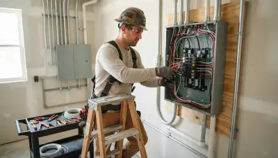 Electrician installing an electrical panel in a Seattle, WA home