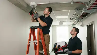 Electrician installing a fire alarm system in a Seattle, WA home
