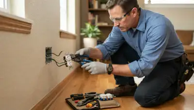 Electrician repairing an electrical outlet in a Seattle, WA home