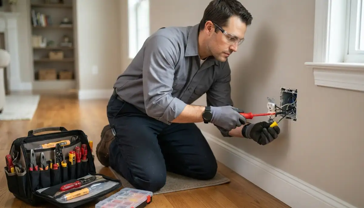 Seattle electrician repairing an older two-prong electrical outlet in a residential home