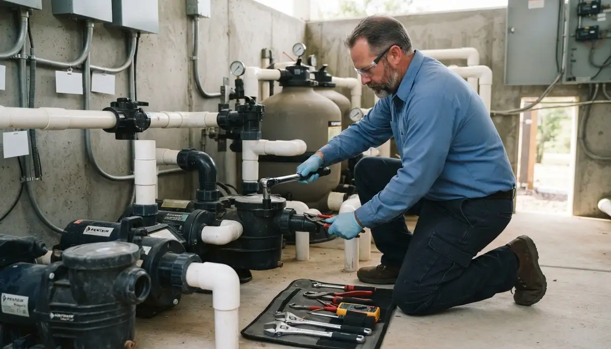 Seattle, WA electrician inspecting pool pump wiring for a residential outdoor circuit