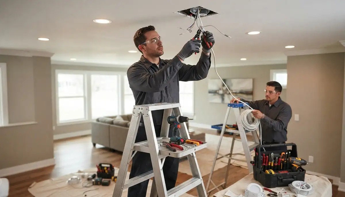 Electrician installing recessed lighting in a Seattle, WA home