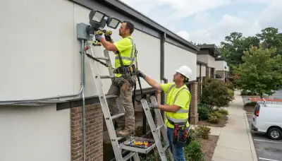 Seattle electrician installing outdoor security lighting on a residential home in Seattle, WA