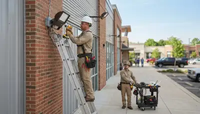 Seattle, WA electrician installing outdoor security lights on a residential home