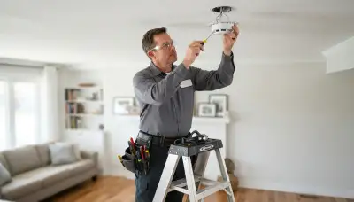 Electrician installing a smoke detector in a Seattle, WA home