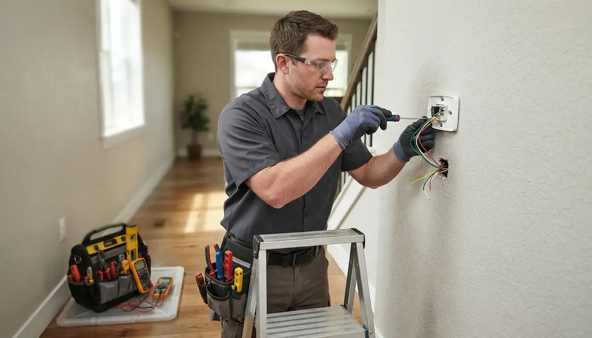 Electrician installing a thermostat in a Seattle, WA home during professional thermostat installation