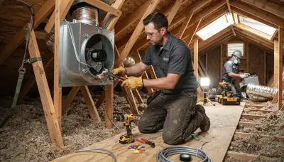 Electrician installing a whole house fan in a Seattle, WA home